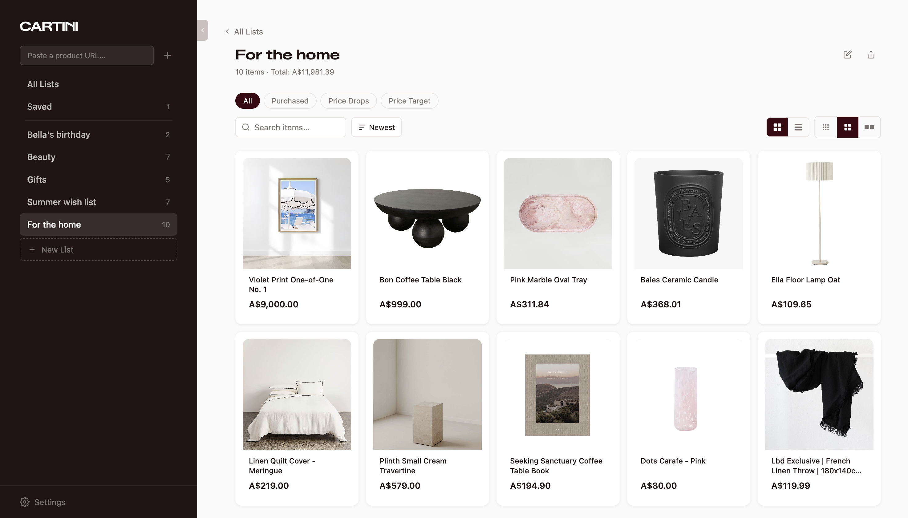 Cartini wishlist showing curated home products with prices and filters